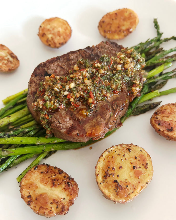 Chimichurri Filet Mignon & Roast Vegetables