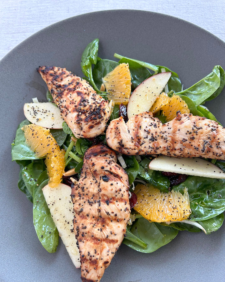 Grilled Orange Poppy Seed Chicken with Spinach Salad